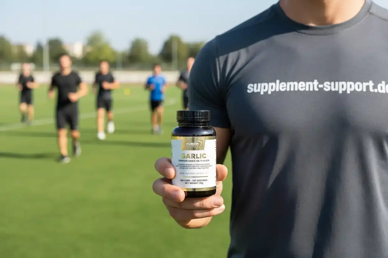 Mann hält Knoblauch-Kapseln vor Sportplatz, Nahrungsergänzung für Sportler, Protein & Vitamine