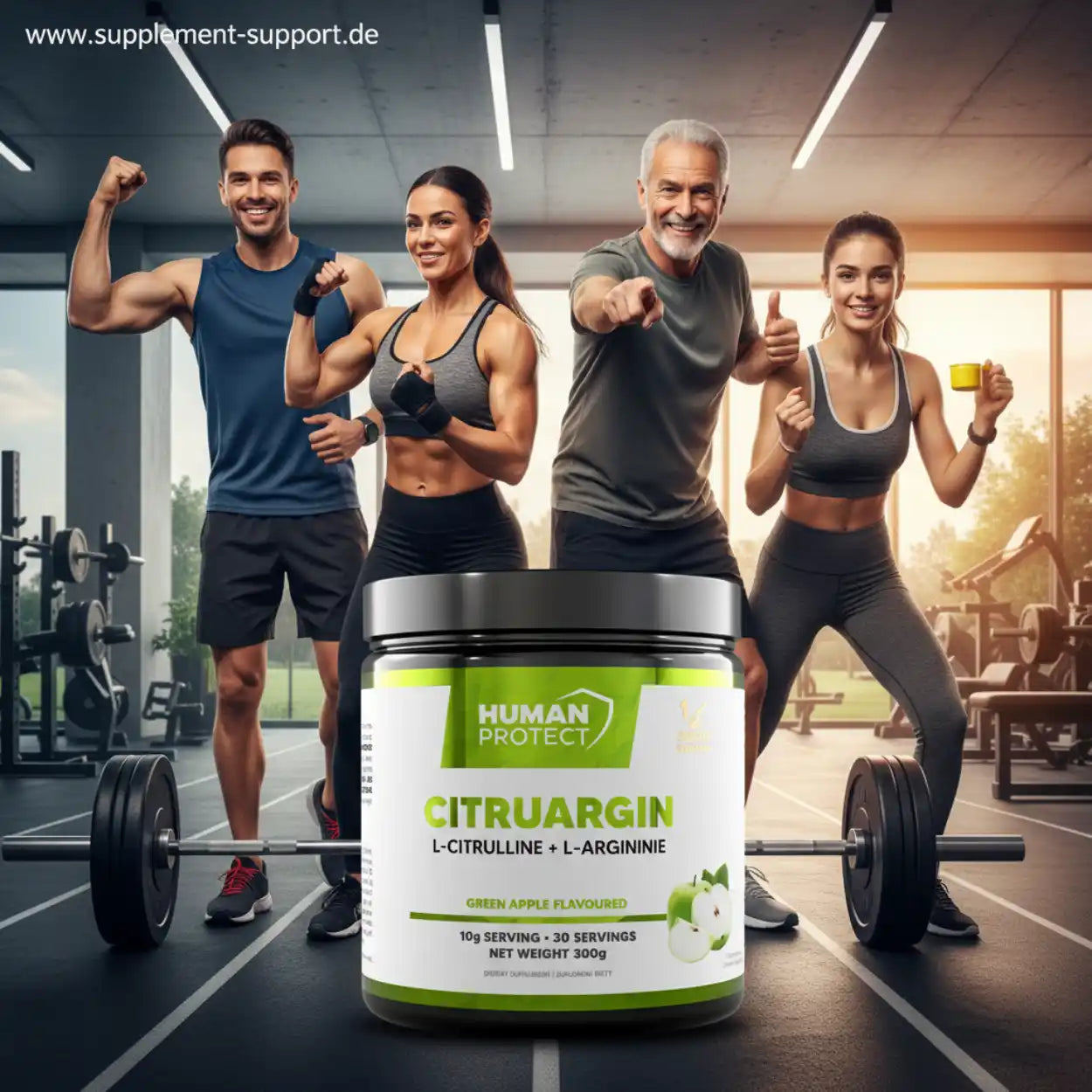Human Protect Citrurgin Supplement mit grünen Äpfeln vor vier fitten Menschen im Fitnessstudio