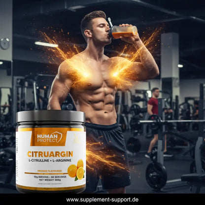 Muskulöser Mann im Fitnessstudio mit Human Protect Citruargin Nahrungsergänzungsmittel