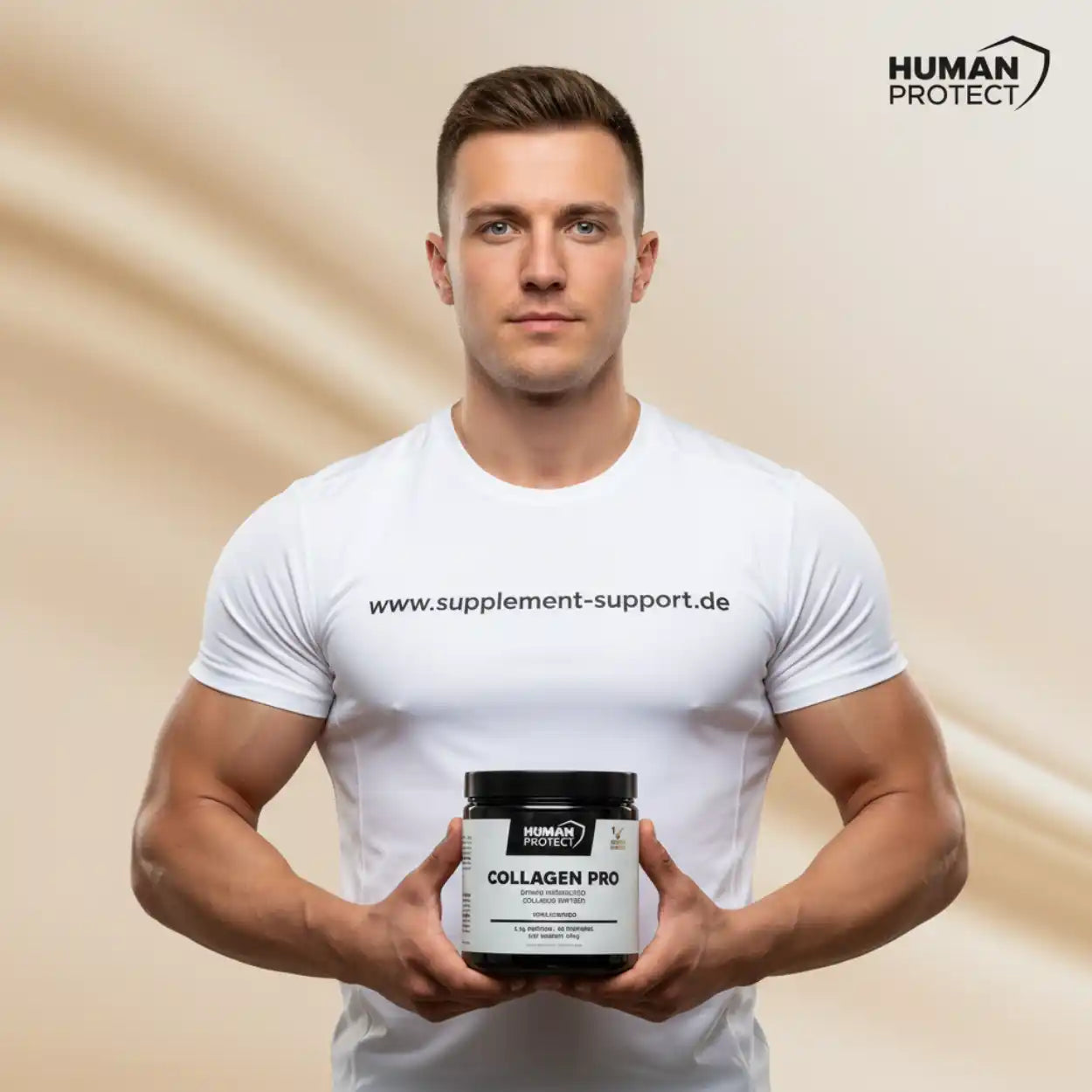 Muskulöser Mann in weißem T-Shirt hält eine Dose Human Protect Collagen Pro