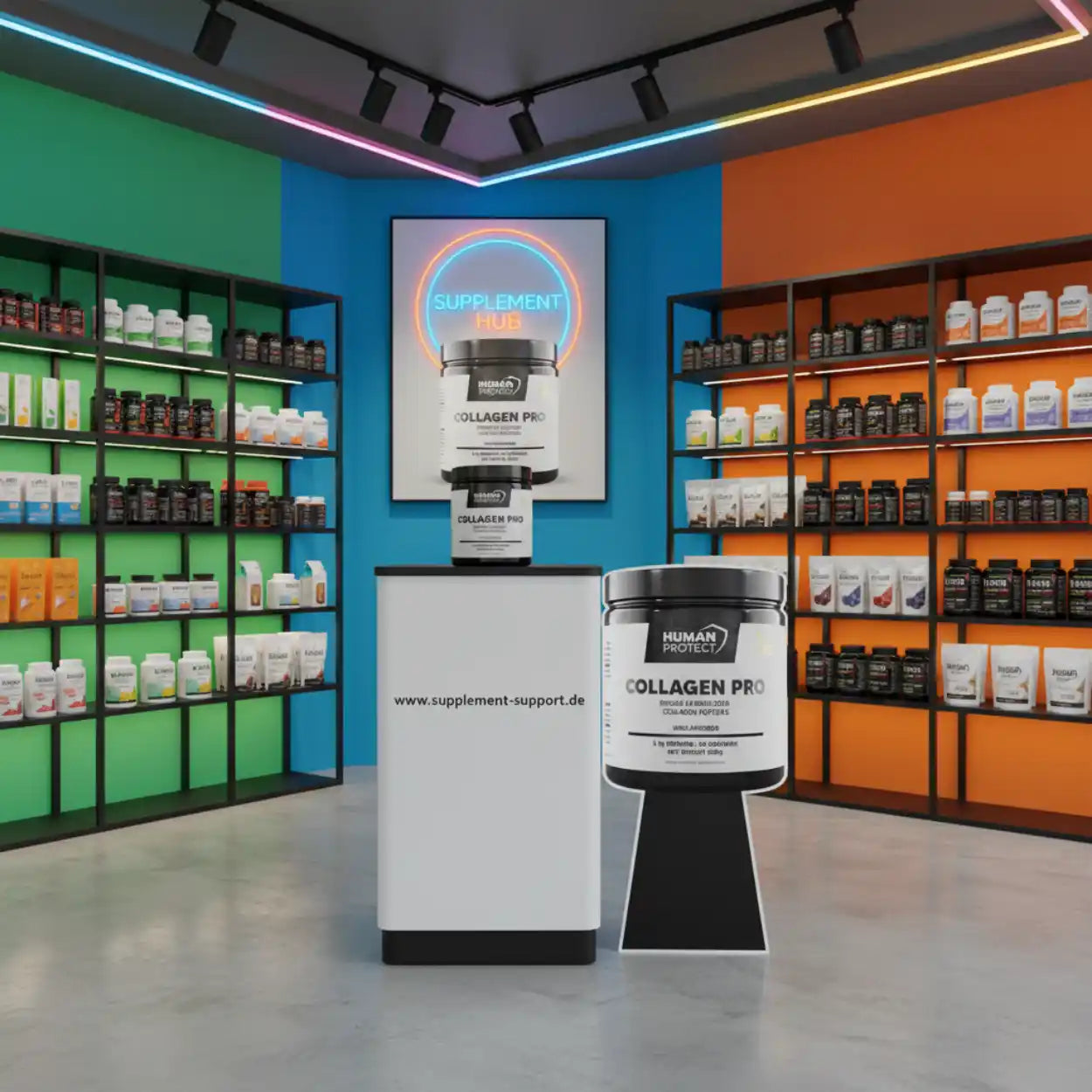 Human Protect Collagen Pro Nahrungsergänzungsmittel in einem modernen Supplement-Shop.
