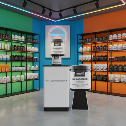 Human Protect Collagen Pro Nahrungsergänzungsmittel in einem modernen Supplement-Shop.