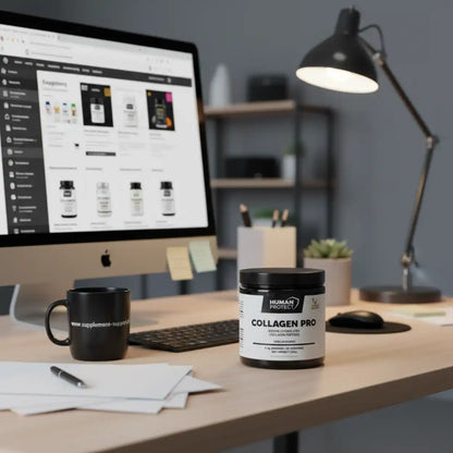 Human Protect Collagen Pro Supplementdose auf einem modernen Schreibtisch neben einem Monitor.