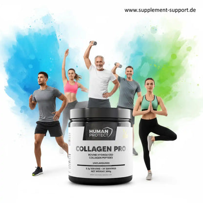 Human Protect Collagen Pro hydrolysierte Kollagenpeptide mit sportlichen Menschen im Hintergrund