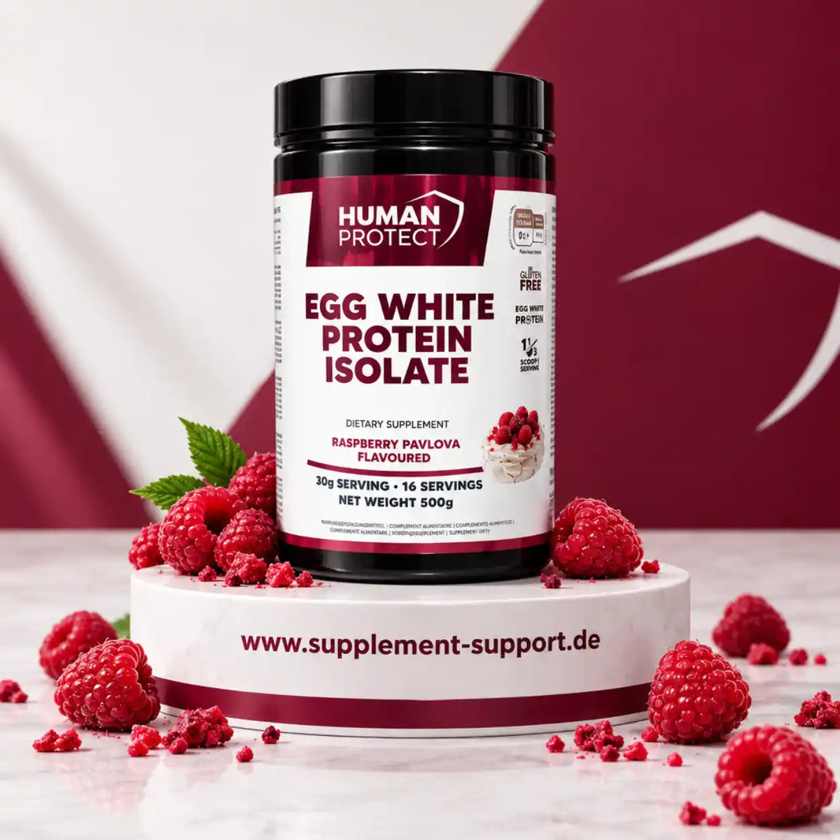 Human Protect Egg White Protein Isolate, Geschmack Himbeere-Pavlova, 500g Dose mit frischen Himbeeren.