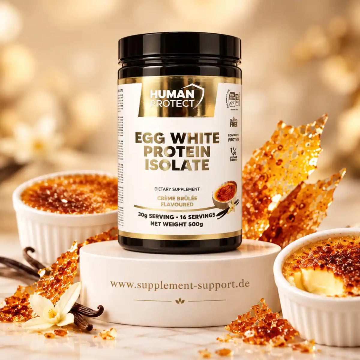 Human Protect Egg White Protein Isolate im Geschmack Crème Brûlée mit Dessert-Dekoration