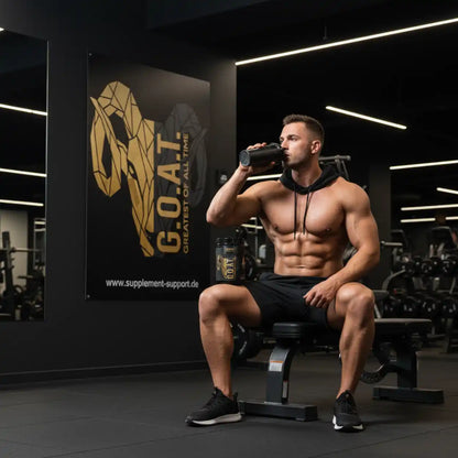Muskulöser Mann trinkt aus einem Shaker im Fitnessstudio vor G.O.A.T. Supplement-Poster.