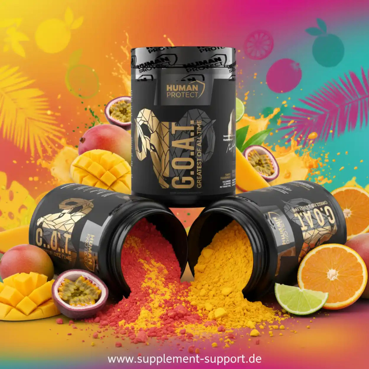 Drei Dosen HUMAN PROTECT G.O.A.T. Supplement mit farbigem Pulver und exotischen Früchten.