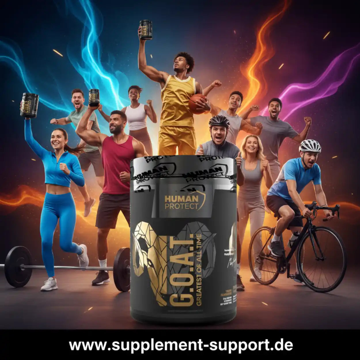 Human Protect GOAT Protein Supplement mit Sportlern in dynamischer Action