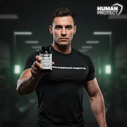 Muskulöser Mann hält eine Dose Lion's Mane Nahrungsergänzungsmittel vor dunklem Hintergrund.