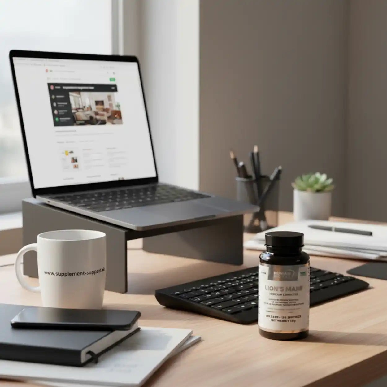 Löwenmähne Nahrungsergänzungsmittel auf einem Schreibtisch neben Laptop und Kaffeetasse