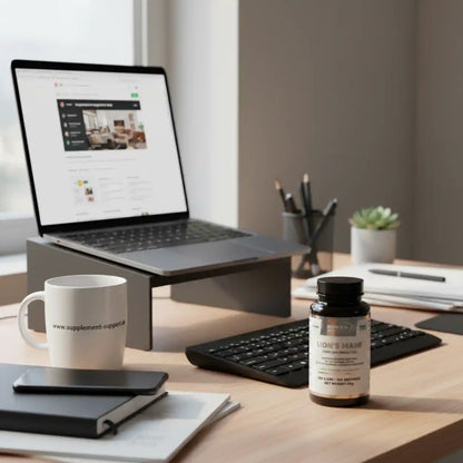 Löwenmähne Nahrungsergänzungsmittel auf einem Schreibtisch neben Laptop und Kaffeetasse