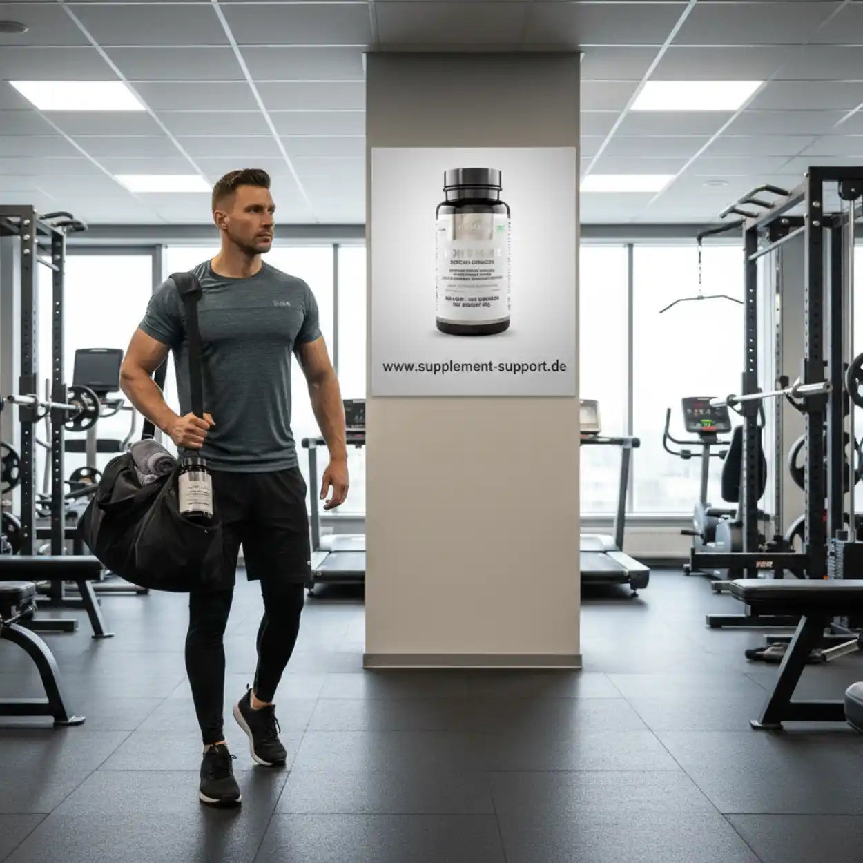 Muskulöser Mann im Fitnessstudio mit Sporttasche neben einem Supplement-Produktposter.