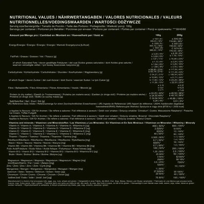 Nährwertangaben für Protein- und Vitamin-Supplement, inkl. Kalorien, Makronährstoffe und Mineralstoffe pro 100g/200g