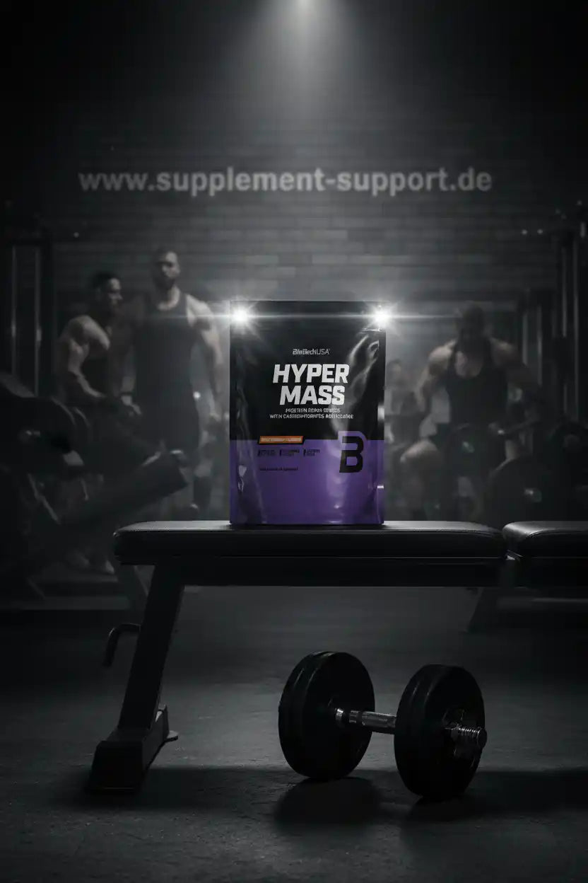 Hyper Mass Protein Gainer für Muskelaufbau im Fitnessstudio mit Hantel und Trainierenden