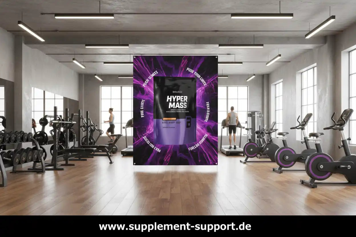 Hyper Mass Protein Gainer in Fitnessstudio mit Trainierenden und Trainingsgeräten