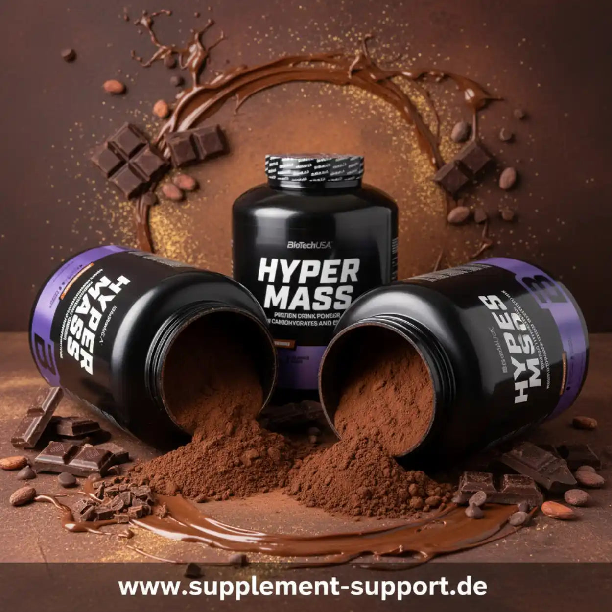 Hyper Mass Protein Powder von BioTechUSA mit Schokolade und Kakaopulver für Muskelaufbau