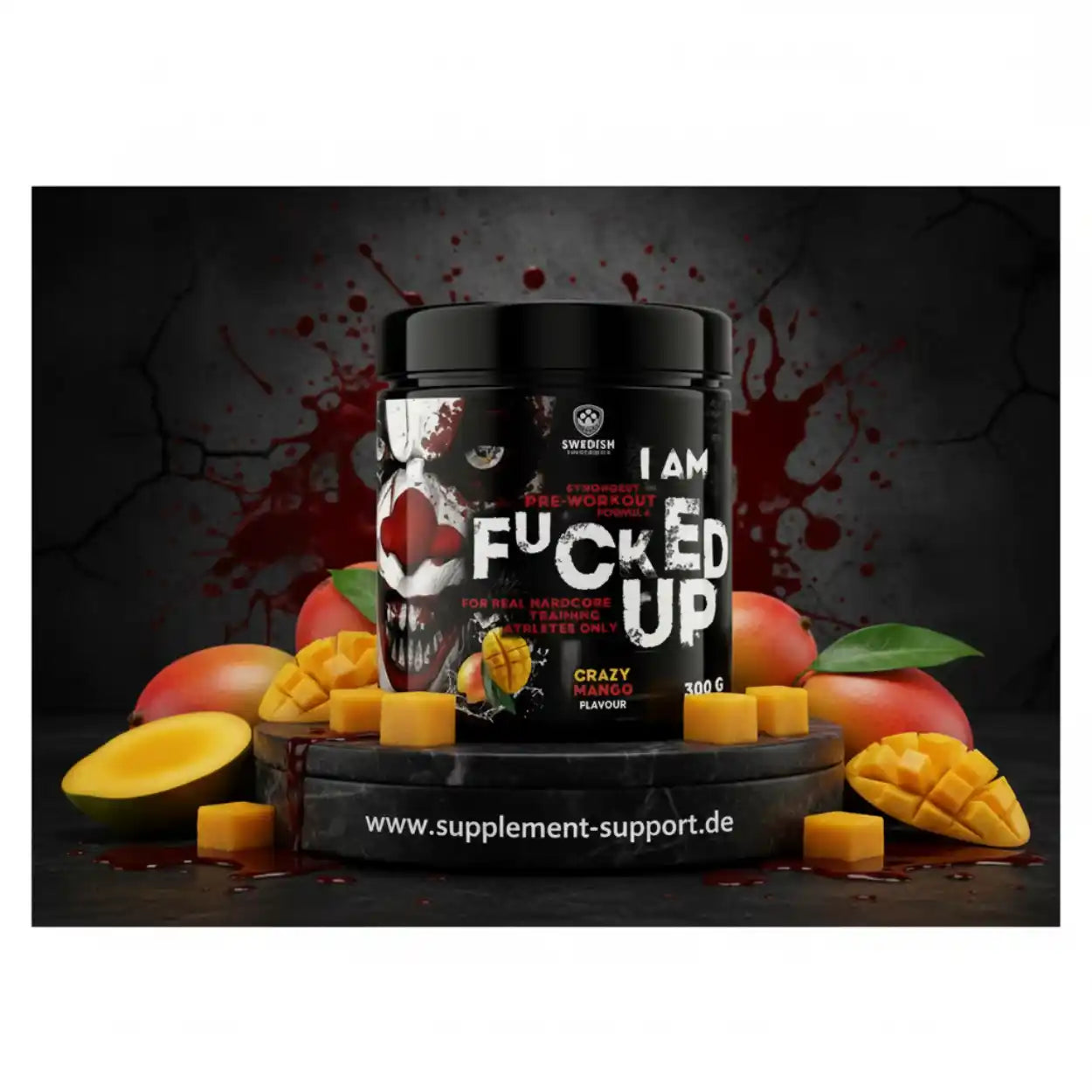 Pre-Workout Booster 'I AM FUCKED UP' Crazy Mango Geschmack, 300g – für Hardcore Athleten, umgeben von frischen Mangos