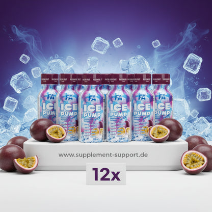 12x FA Ice Pump Juice mit Passionsfrucht, erfrischend mit Eiswürfeln – Nahrungsergänzungsmittel für Sportler