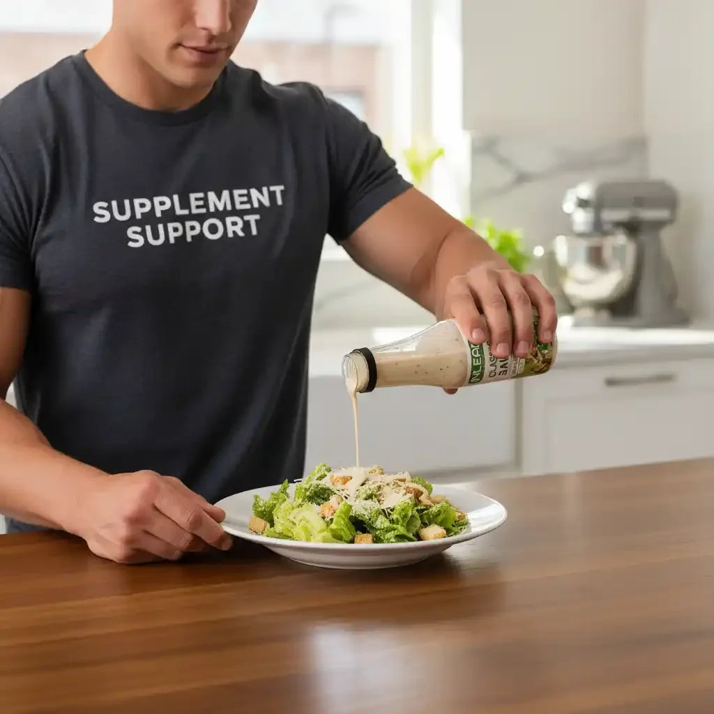 Mann gießt Dressing über Caesar-Salat, trägt Supplement Support Shirt