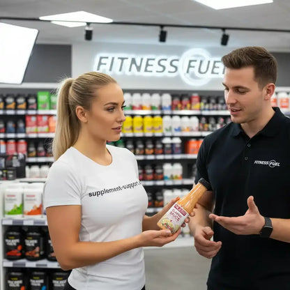 Frau und Mann im Fitness-Shop mit Nahrungsergänzungsmittel und Sauce, Protein, Vitamine, Booster
