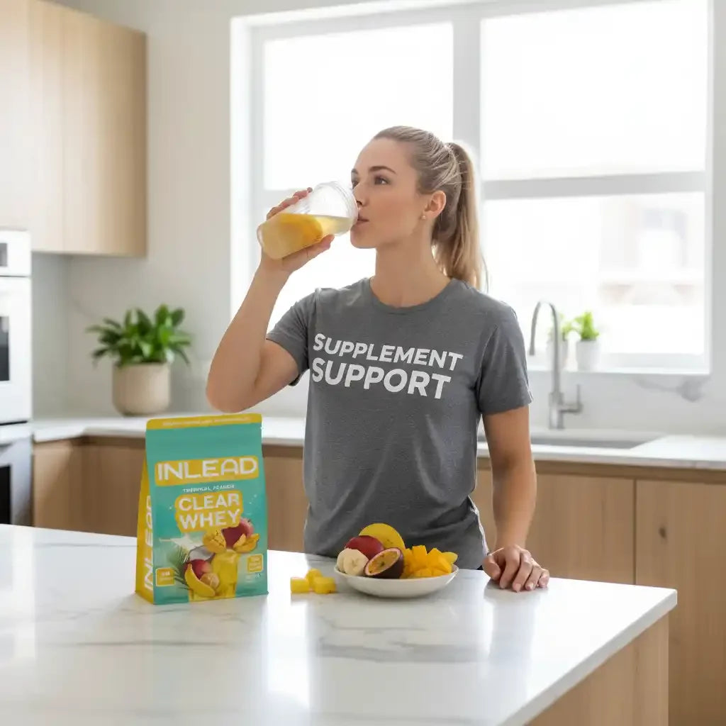 Frau trinkt Clear Whey Protein Shake in moderner Küche mit frischem Obst und Supplement Support Shirt