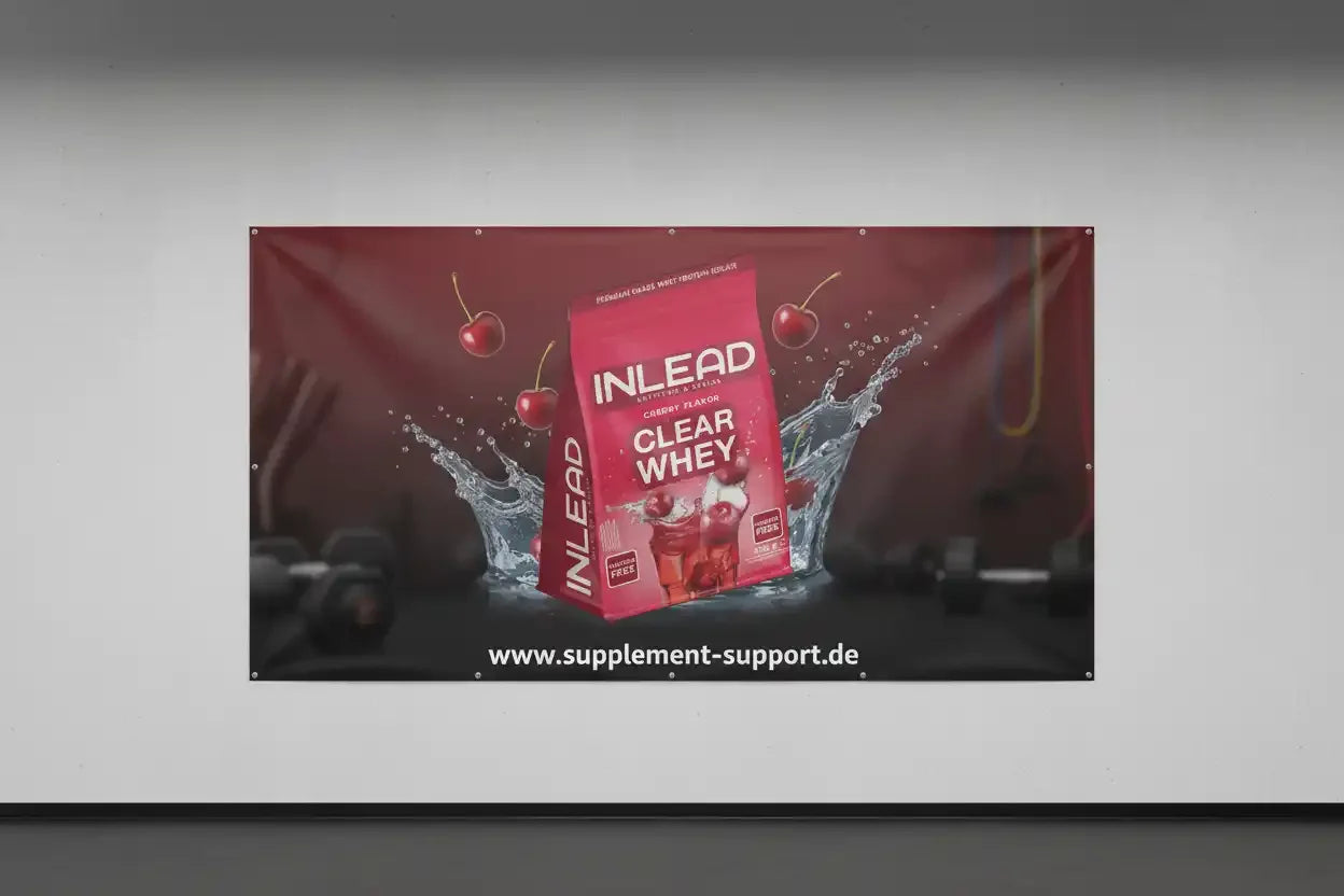 INLEAD Clear Whey Protein in Kirschgeschmack mit Wasserspritzern und Kirschen, ideal für Sportler