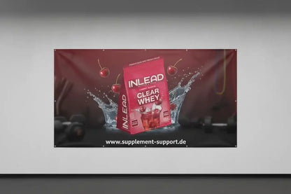 INLEAD Clear Whey Protein in Kirschgeschmack mit Wasserspritzern und Kirschen, ideal für Sportler