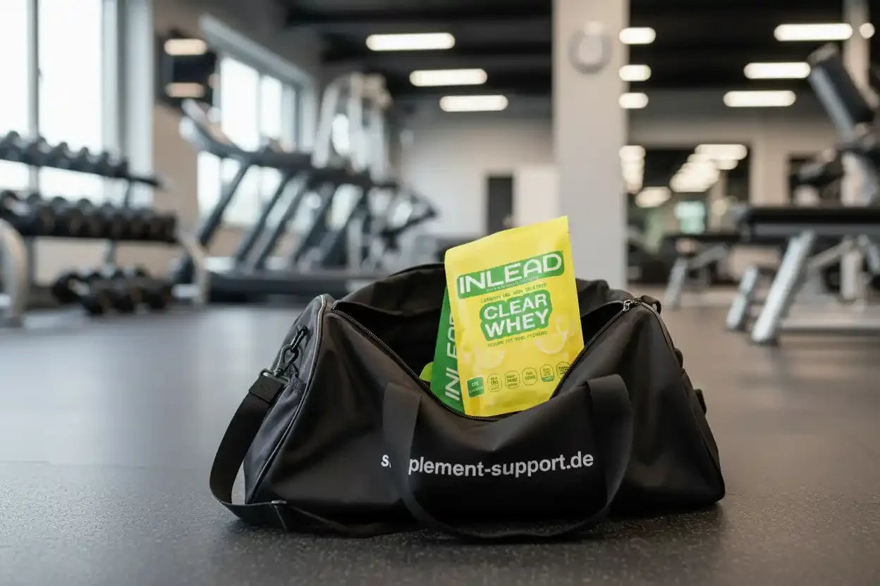 INLEAD Clear Whey Protein in Sporttasche im Fitnessstudio – ideal für Sportler und Fitness-Enthusiasten