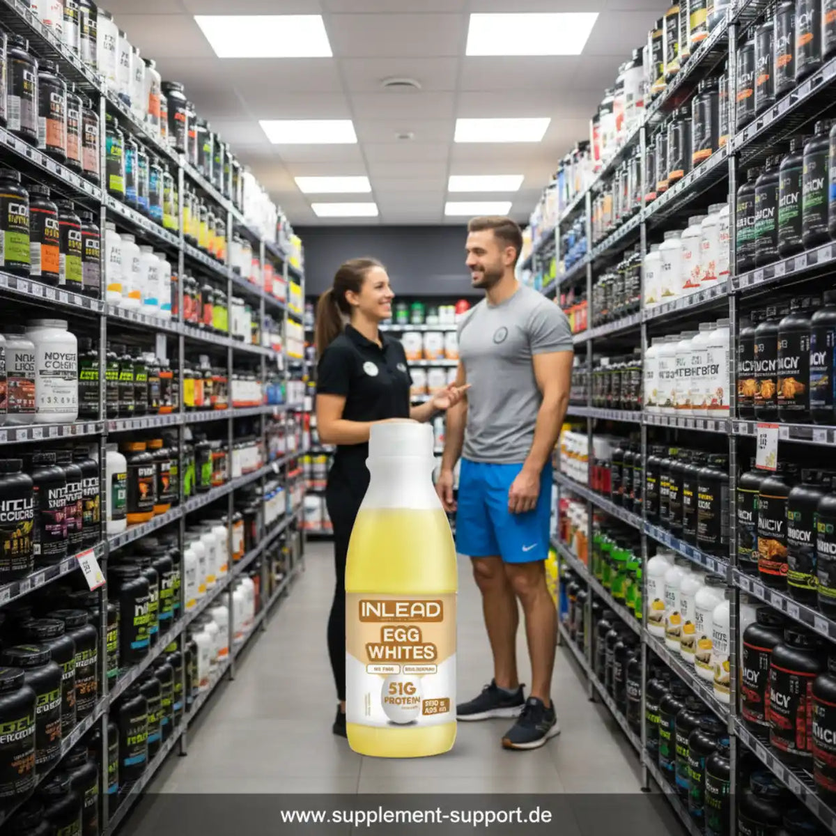 Inlead Egg Whites Protein-Drink vor einem Paar in einem Supplement-Shop