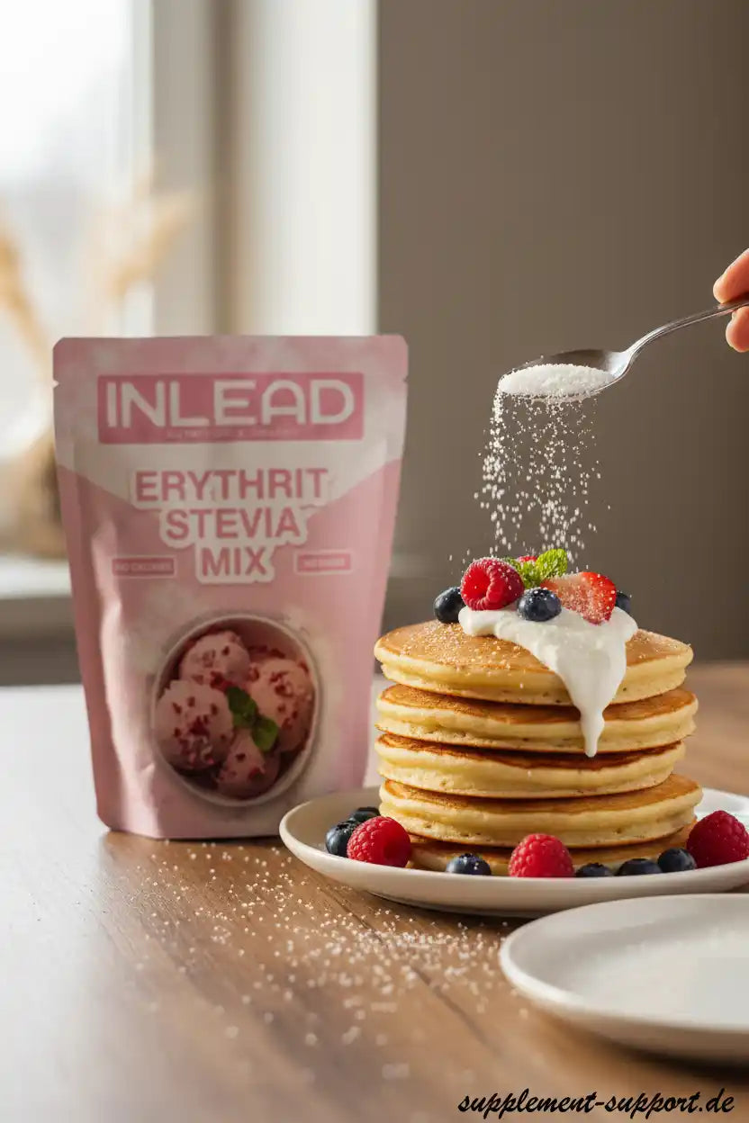 Erythrit Stevia Mix über Pancakes mit Beeren und Sahne gestreut, gesundes Süßungsmittel
