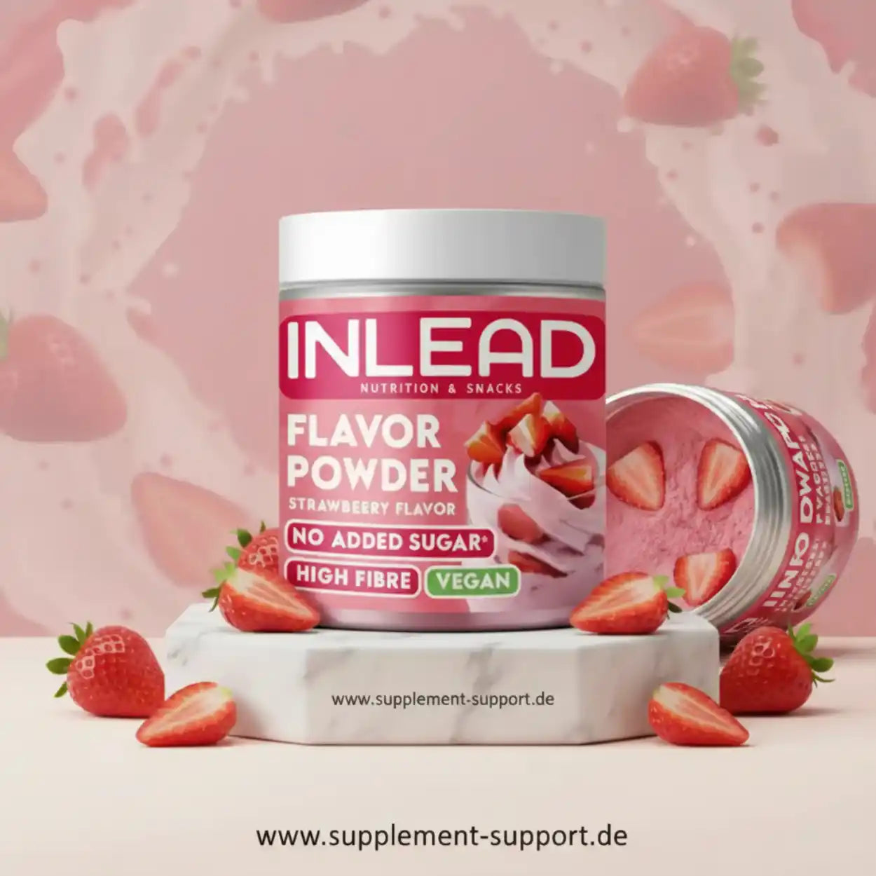 INLEAD Erdbeer-Flavour-Pulver, vegan, ohne Zuckerzusatz, hochwertige Nahrungsergänzung mit Ballaststoffen
