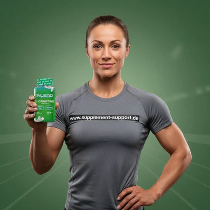 Sportliche Frau mit grauem Shirt hält INLEAD L-Carnitine Kapseln, grüner Hintergrund