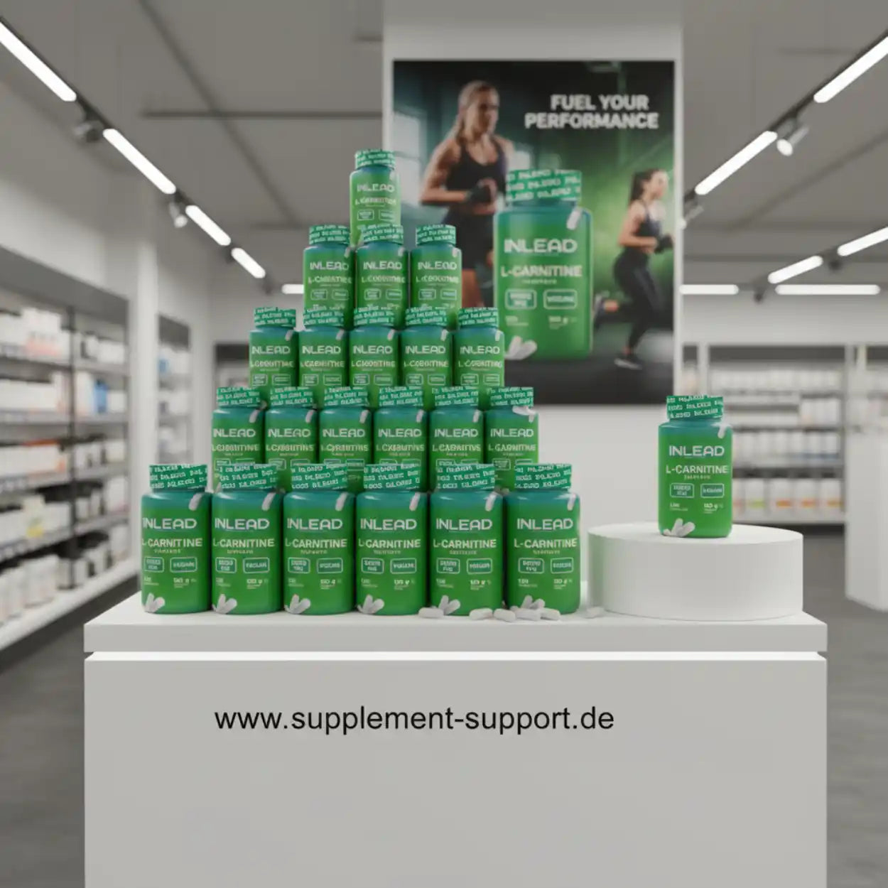 Grüne L-Carnitine Kapseln in Pyramide im Sportnahrungsgeschäft, Nahrungsergänzung, Fitness