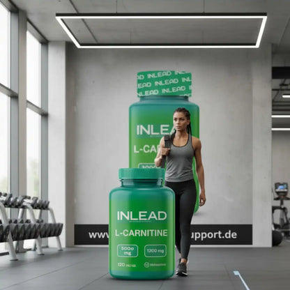 Sportlerin im Fitnessstudio neben INLEAD L-Carnitine Kapseln, Nahrungsergänzung, Sportnahrung