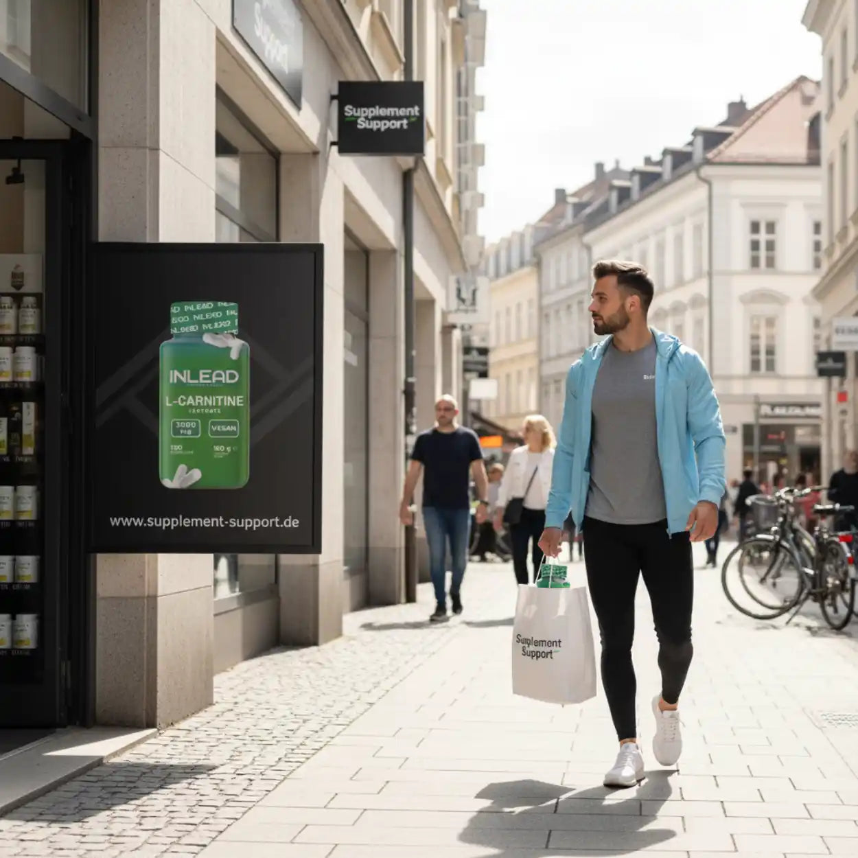 Mann mit Einkaufstasche vor Sportnahrungsgeschäft mit L-Carnitin Poster in Fußgängerzone