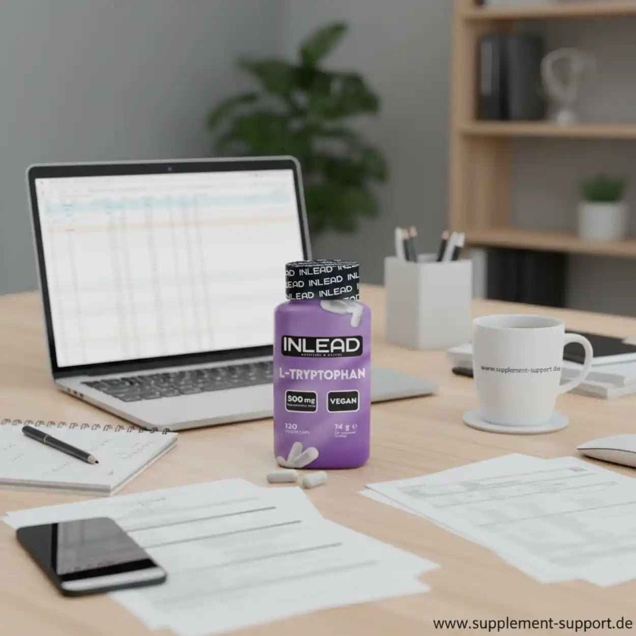 L-Tryptophan Kapseln 500 mg vegan von INLEAD auf Schreibtisch mit Laptop und Kaffeetasse