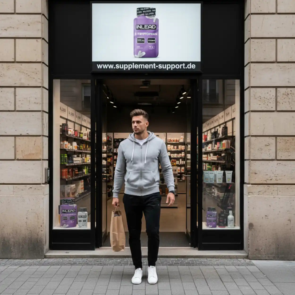 Mann verlässt Supplement-Store mit Einkaufstüte, Nahrungsergänzungsmittel im Schaufenster