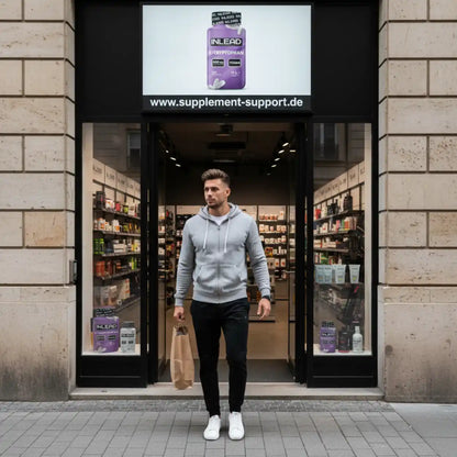 Mann verlässt Supplement-Store mit Einkaufstüte, Nahrungsergänzungsmittel im Schaufenster