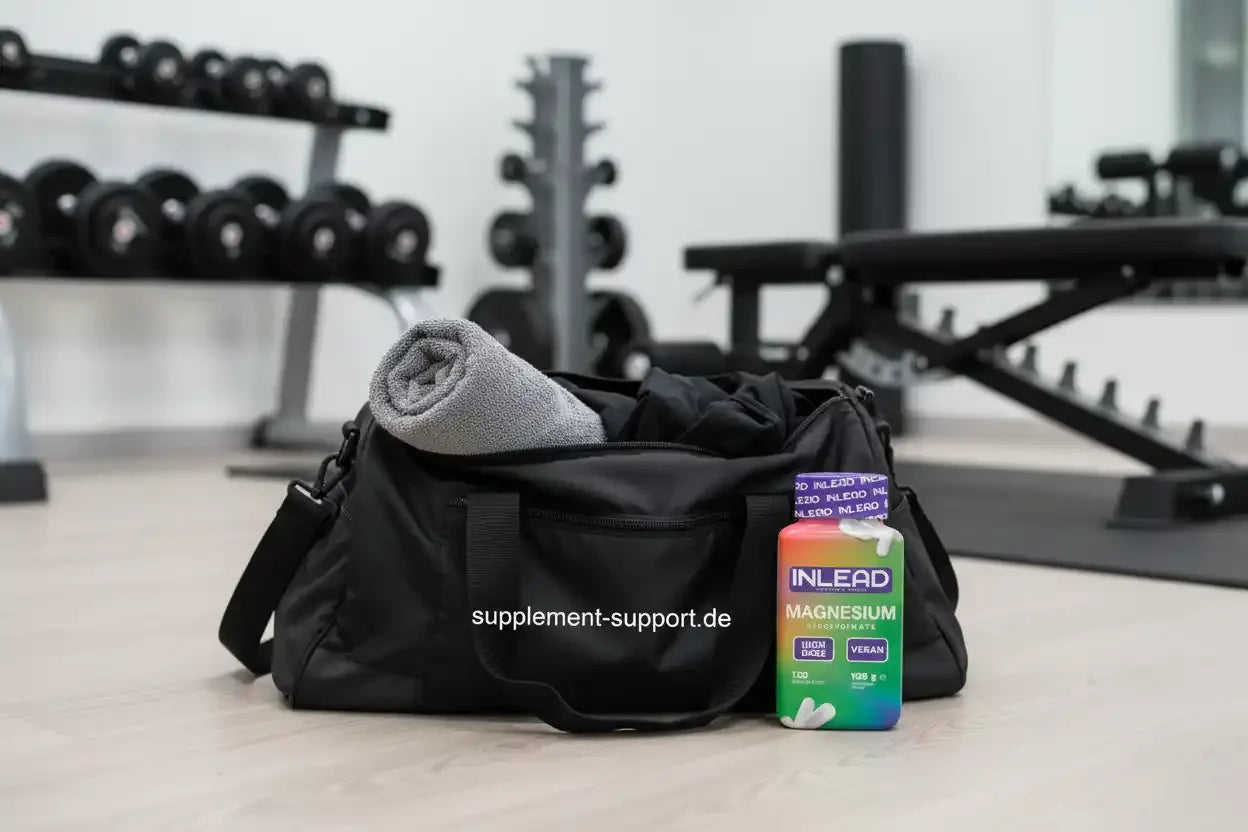 INLEAD Magnesium-Tabletten neben Sporttasche im Fitnessstudio, ideal für Sportler und Vitamine