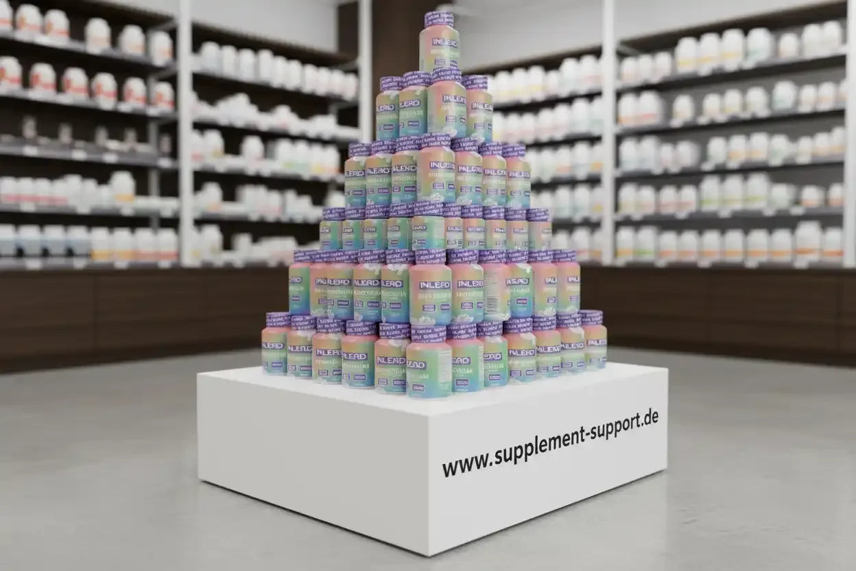 Pyramide aus INLEAD Nahrungsergänzungsmitteln im Supplement-Shop, Protein & Vitamine