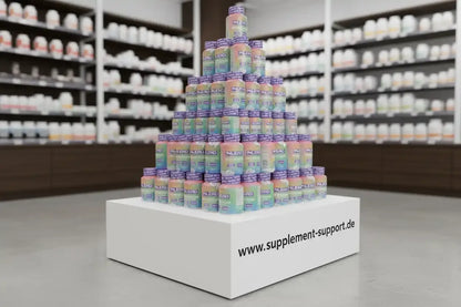 Pyramide aus INLEAD Nahrungsergänzungsmitteln im Supplement-Shop, Protein & Vitamine