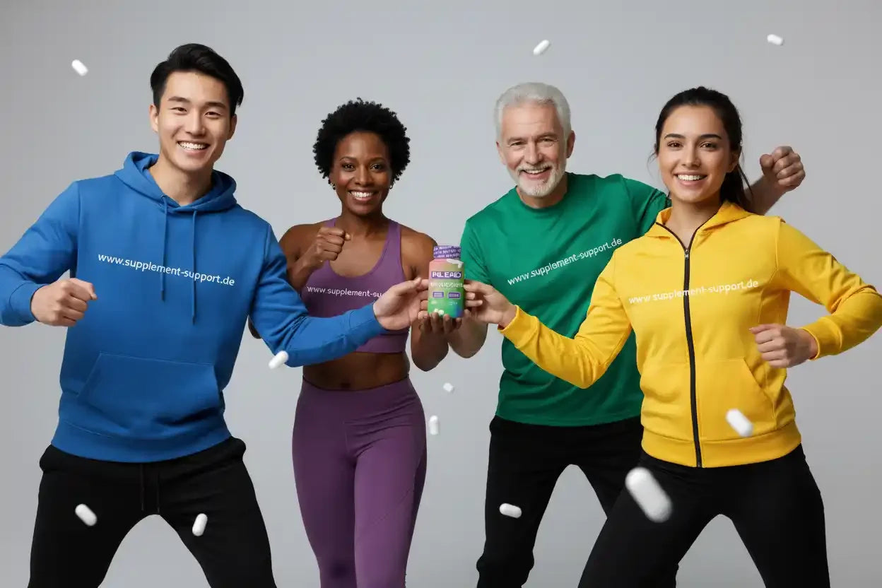 Gruppe mit Nahrungsergänzungsmittel-Flasche, Protein, Vitamine, Sportnahrung, Booster, Gainer