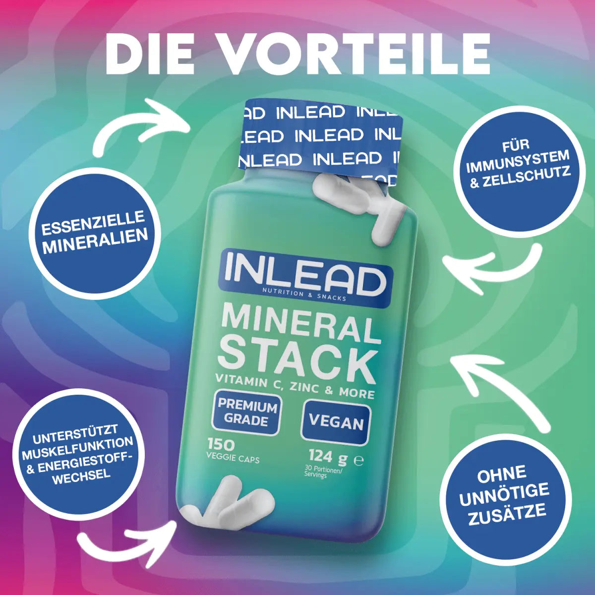 INLEAD Mineral Stack Nahrungsergänzungsmittel Dose, vegan, 150 Kapseln, Essenzielle Mineralien, Vorteile für Immunsystem und Muskelfunktion