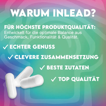 Weiße Kapseln auf buntem Hintergrund, Text betont Produktqualität und Zutaten von Inlead Supplement.