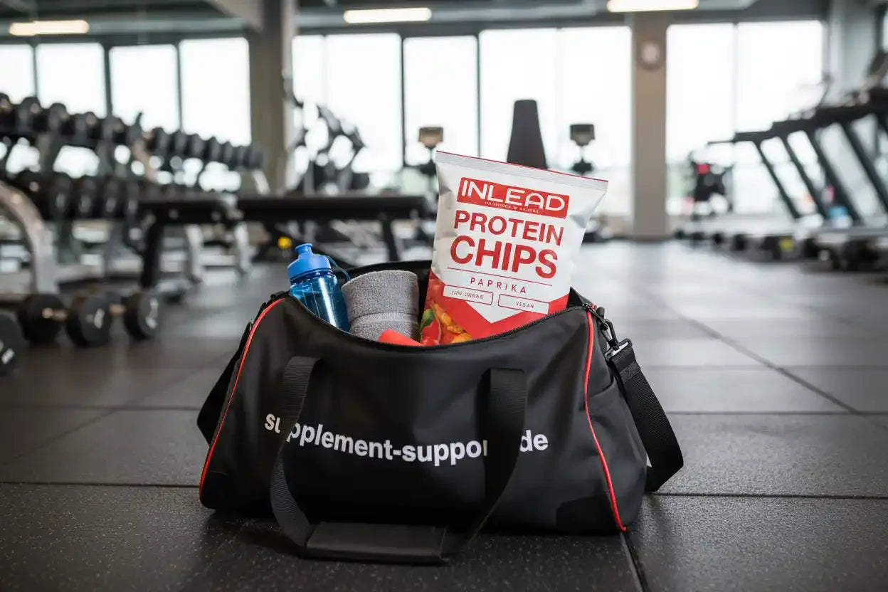 Protein Chips Paprika in Sporttasche im Fitnessstudio – Nahrungsergänzung für Sportler