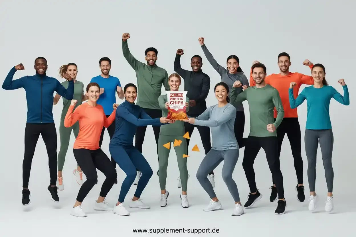 Gruppe fit trainierender Menschen mit Protein Chips – ideale Sportnahrung für Energie & Muskelaufbau