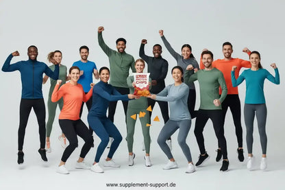 Gruppe fit trainierender Menschen mit Protein Chips – ideale Sportnahrung für Energie & Muskelaufbau