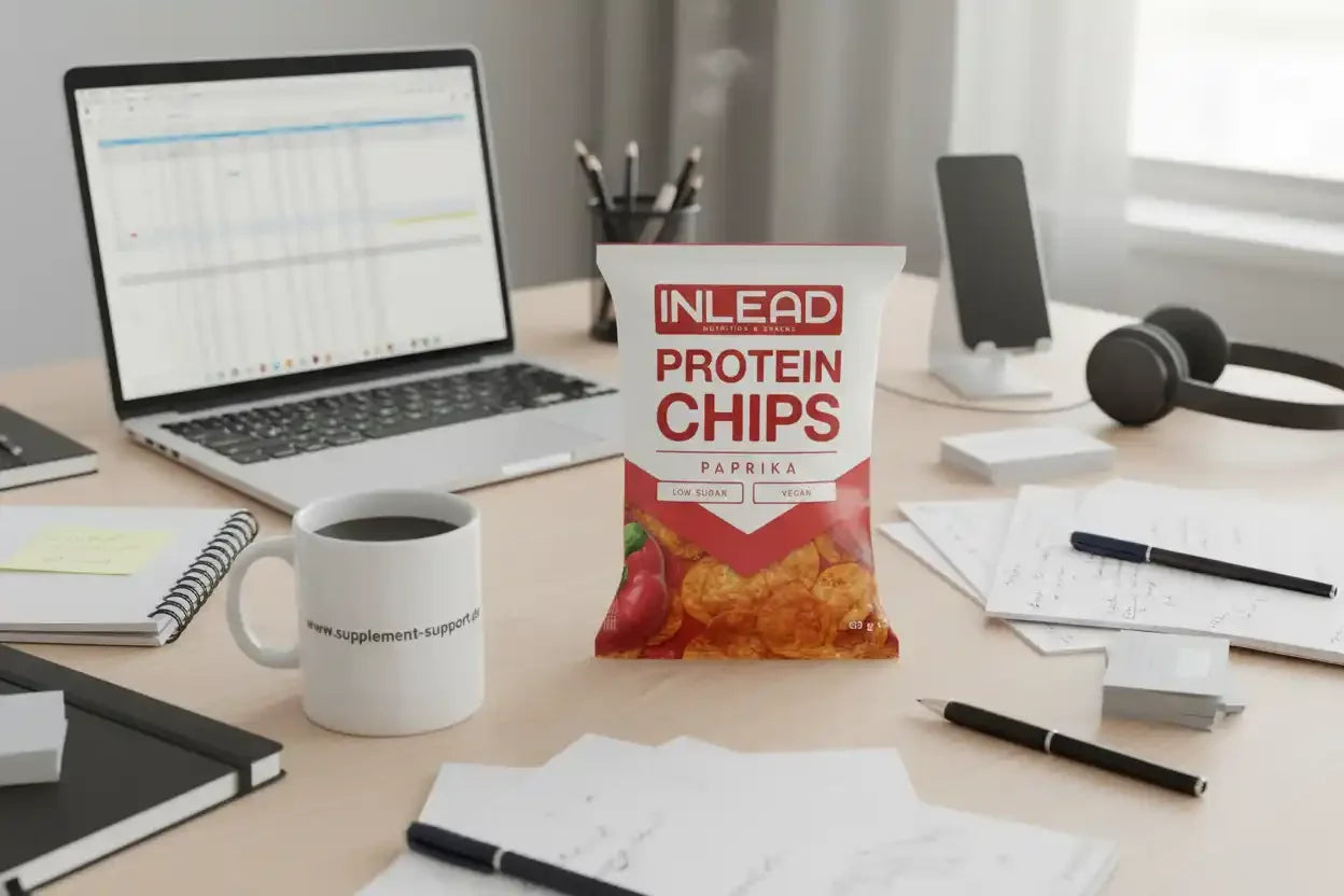Inlead Protein Chips Paprika – Low Sugar, Vegan, auf Schreibtisch mit Laptop und Kaffee