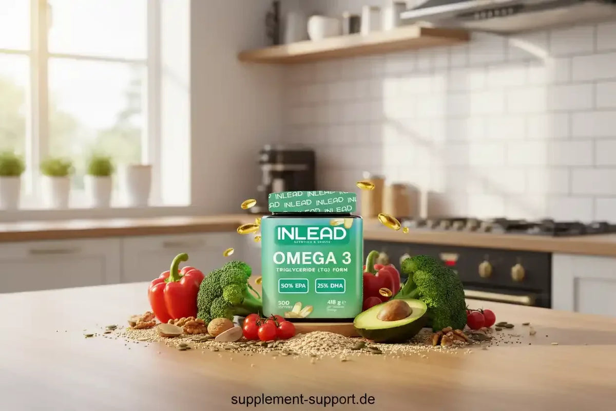 INLEAD Omega-3 Kapseln mit EPA & DHA, umgeben von frischem Gemüse und Nüssen in moderner Küche